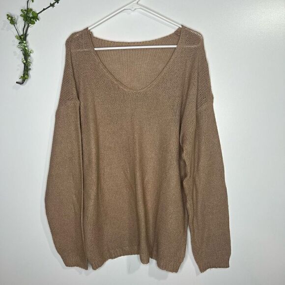 Tan Camel Oversized V-Neck Lightweight Layering Sweater - Picture 1 of 7